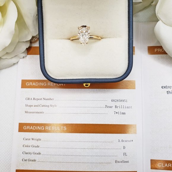 14K Yellow Gold 3 carats Pear Shaped Cut Moissanite Engagement Ring - Picture 7 of 13